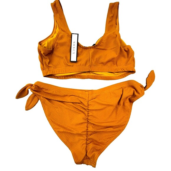 NWT Soncy Bikini Two Piece Swimsuit Tie Detail Ribbed Mustard Yellow Curvy Sz 12 - Picture 5 of 14